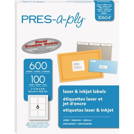 Pres-A-Ply Label, Lsr/Inkjet, 4X3-1/3, We AVE30604